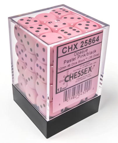 Opaque 12mm d6 Pastel Pink/black Dice Block (36 dice)