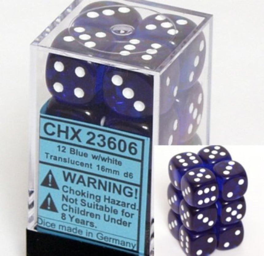 Translucent: 16mm D6 Blue/White (12)