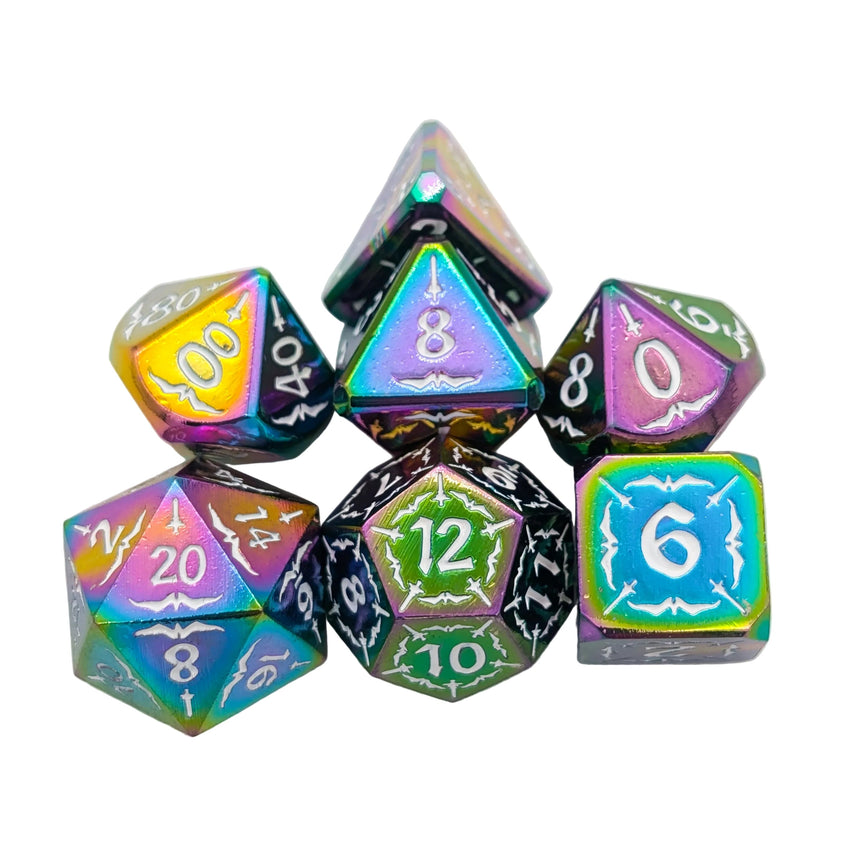 Arcana Rainbow and White Metal Dice Set